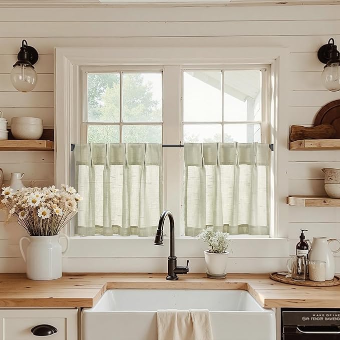 jinchan Linen Pinch Pleated Kitchen Curtains 24 Inch 2 Panels, Natural Linen by JINCHAN