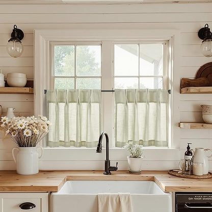 jinchan Linen Pinch Pleated Kitchen Curtains 24 Inch 2 Panels, Natural Linen by JINCHAN