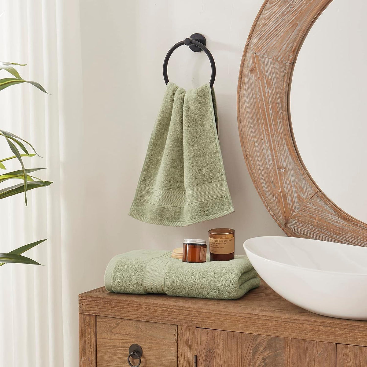 cozyart luxury bath towel set 6 pcs, sage on a desk or shelf