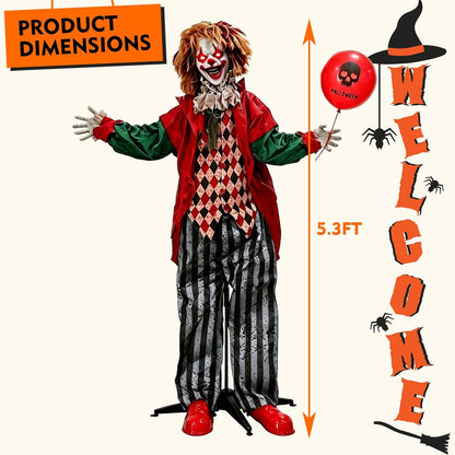 Hourleey 5.3FT Halloween Animatronics Clown Decorations, Sound Activated Standing Animated Clown with Lighted Eyes, Clown Holding Balloon for Indoor Outdoor Haunted House Party Prop Yard Decor
