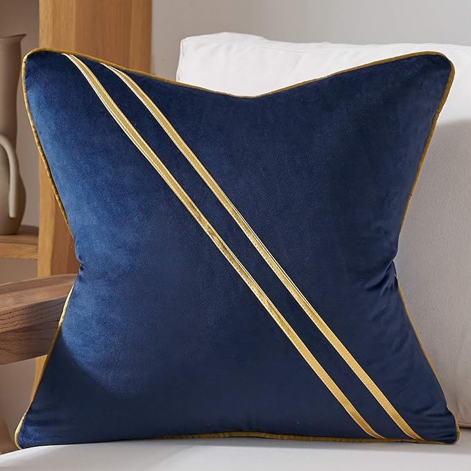 Avigers 20 x 20 Inch Navy Blue Gold Leather Striped Lines Velvet Cushion Case by Avigers