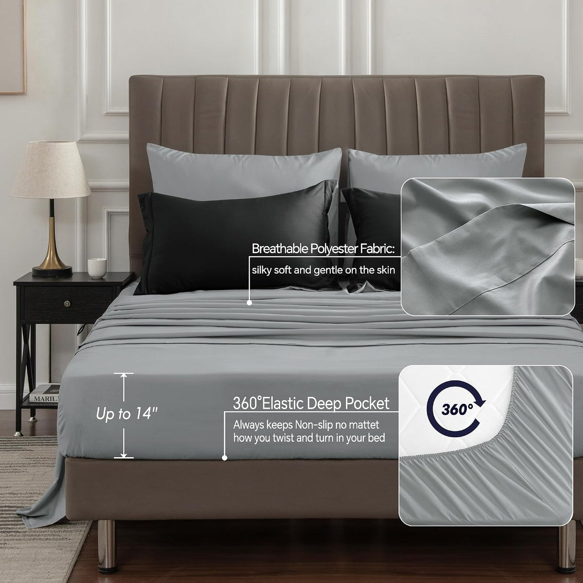 bedelite full comforter set 7 pieces, reversible black shown in use