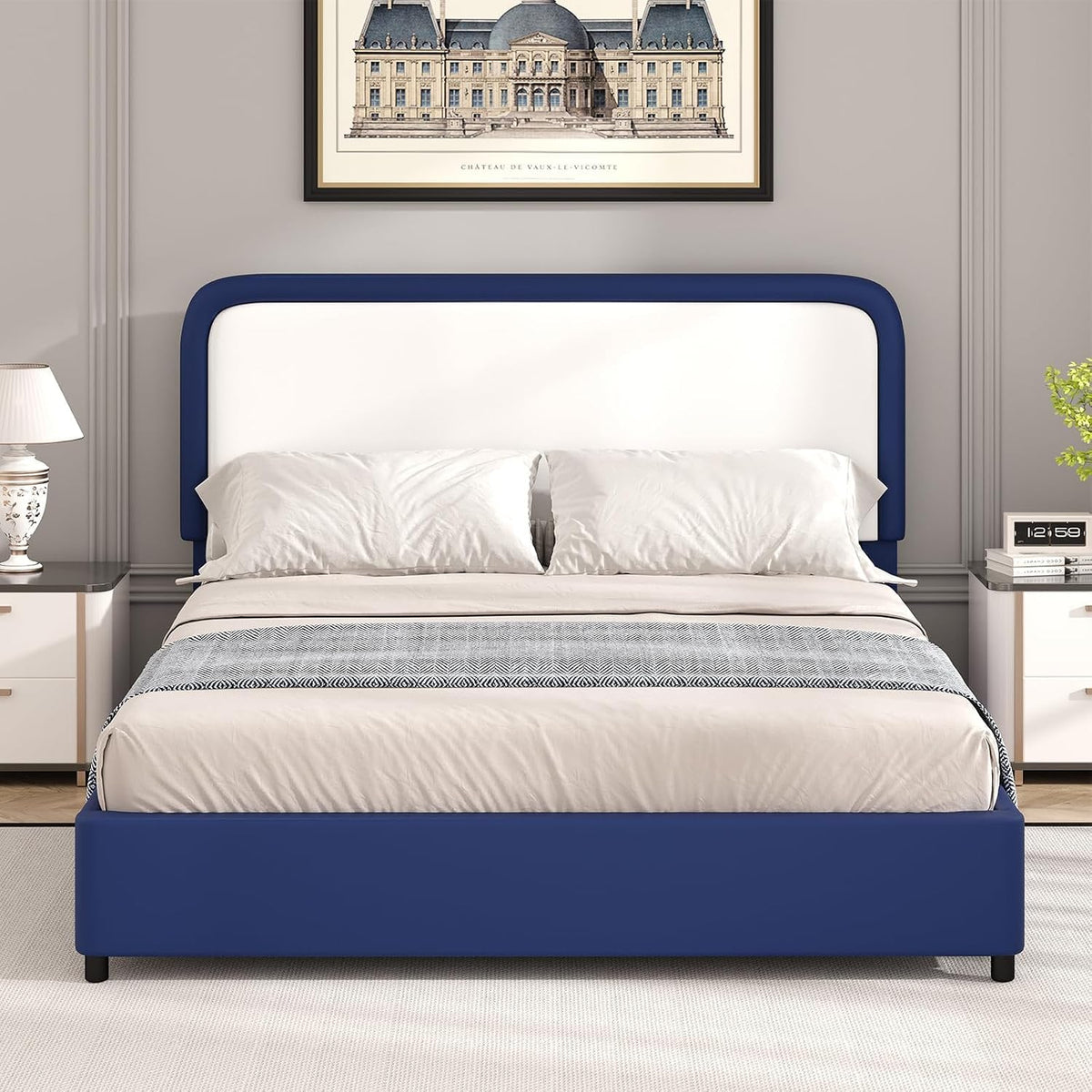 barnfurin full bed frame, curved faux leather headboard, close-up detail