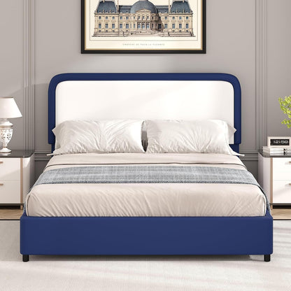 barnfurin full bed frame, curved faux leather headboard, close-up detail
