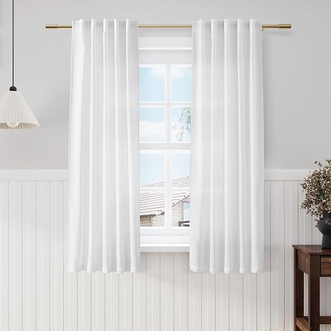 White Semi Sheer Linen Curtains 63 Inch Length Living Room Back Tab Rod Pocket by Nanspring