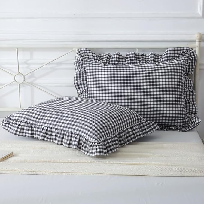 Black/White Plaid Ruffle Pillow Shams King Size Set of 2, Checkered Washed by Mywinlle