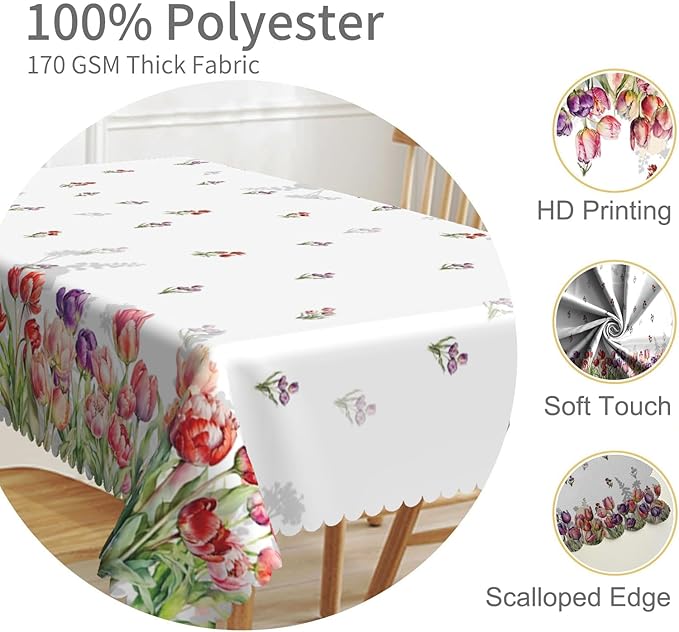 54x86inches Floral Tablecloth Red Purple Tulip Flowers Blooming Rectangle Table - Image 3