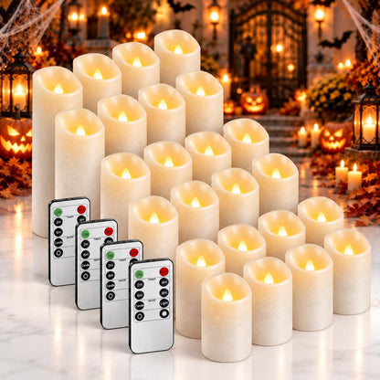 Enido Set of 24 Outdoor LED Candles, Battery Operated Flickering Waterproof Candles with 4 Remote (D2.2'' x H4''5''6'') for Halloween,Wedding,Christmas Decor(White)