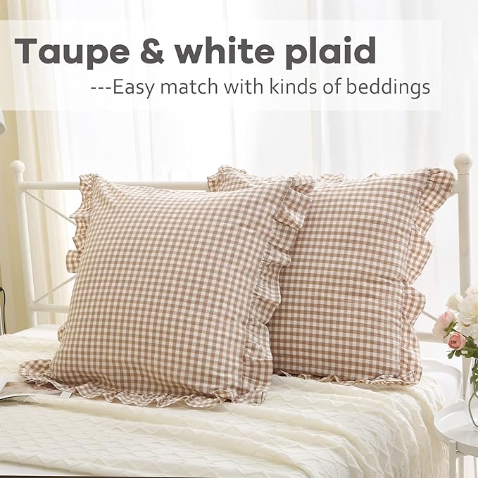 2 Pack Taupe White Plaid Ruffle Square Euro Pillow Shams, 100% Washed Cotton - Image 2