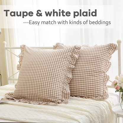 2 Pack Taupe White Plaid Ruffle Square Euro Pillow Shams, 100% Washed Cotton - Image 2