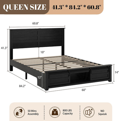 queen size wooden bed frame with headboard, farmhouse, close-up detail