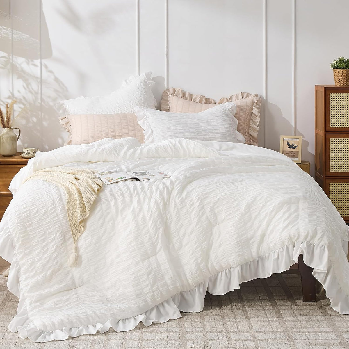 jollyvogue white comforter full size, 3 pieces seersucker, main product view