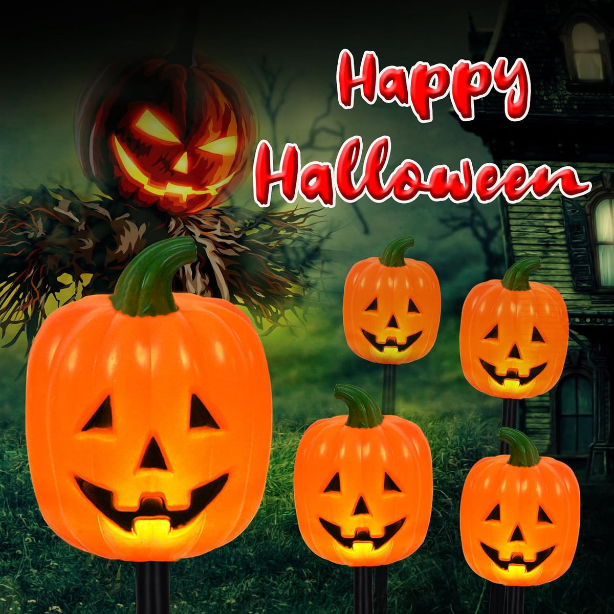 BRIGHTDECK Halloween Pumpkin Stake Lights, Set of 10 Decorative Solar Pumpkin Lights, Waterproof Halloween Decorations for Outdoor Garden and Yard