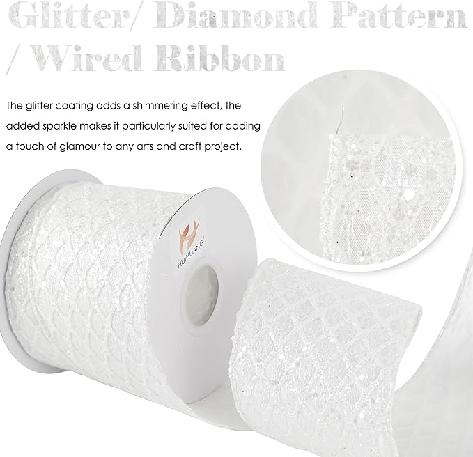 HUIHUANG White Christmas Ribbon 4 inch White Glitter Diamond Mesh Wired Ribbon - Image 2