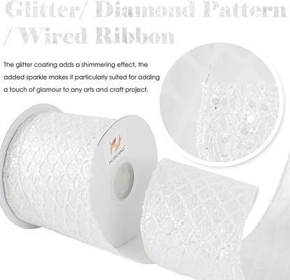 HUIHUANG White Christmas Ribbon 4 inch White Glitter Diamond Mesh Wired Ribbon - Image 2