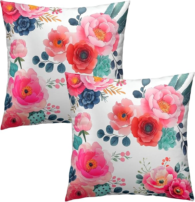 Watercolor Peony Throw Pillow Covers 20x20 Inch Set of 2 Pink Floral Girly - Image 2