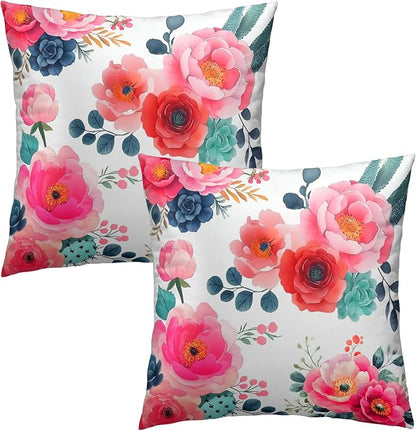 Watercolor Peony Throw Pillow Covers 20x20 Inch Set of 2 Pink Floral Girly - Image 2