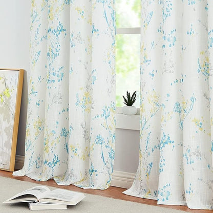 Branch Semi Sheers Curtains Living-Room 84inch Long Yellow Teal Watercolor - Image 4