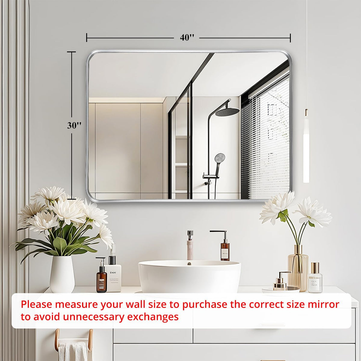silver bathroom vanity mirror over sink 30x40, large, close-up detail