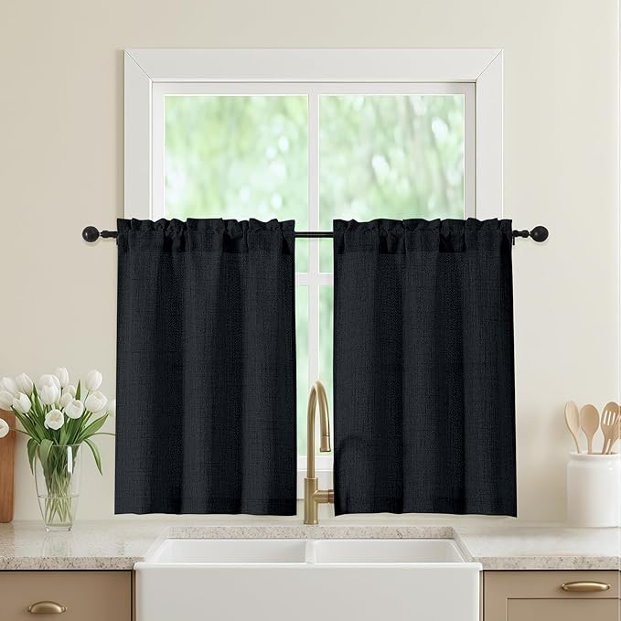 Black Kitchen Curtains 36 Inch Length 2 Panels, Light Filtering Farmhouse Faux by WelvetBLK