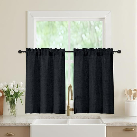 Black Kitchen Curtains 36 Inch Length 2 Panels, Light Filtering Farmhouse Faux by WelvetBLK