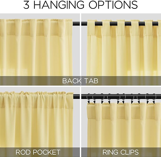 Yellow Semi Sheer Curtains 108 Inches Long 2 Panels Set Back Tab Loop Pocket - Image 3