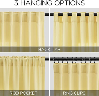 Yellow Semi Sheer Curtains 108 Inches Long 2 Panels Set Back Tab Loop Pocket - Image 3
