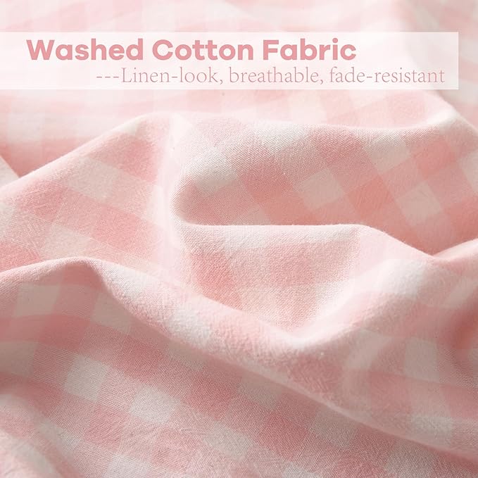 2 Pack Blush White Plaid Ruffle Gingham Euro Shams Pillow Covers, 100% Washed - Image 6