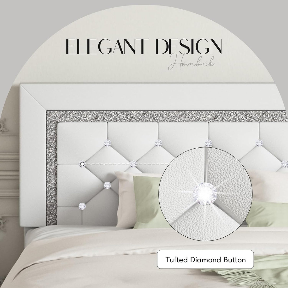 hombck queen bed frame with headboard, diamond tufted, side view