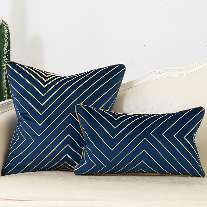 Avigers 12 x 20 Inch Navy Blue Gold Striped Geometric Lines Embroidery Velvet - Image 6