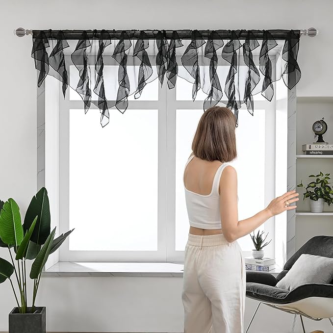 PearAge Ruffled Voile Semi Sheer Curtain Valance, Kitchen Living Room Shabby - Image 2