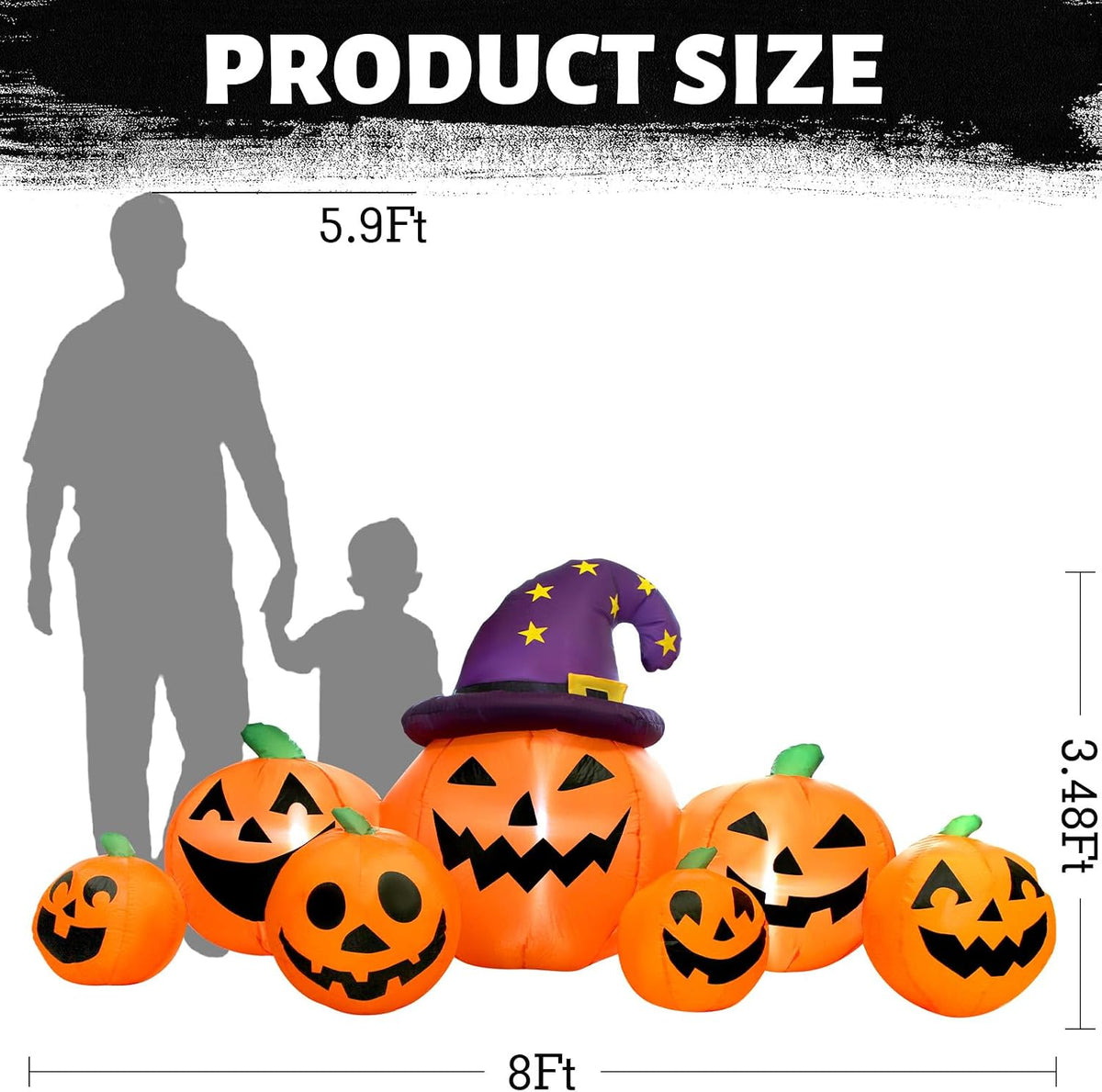 8FT Long Halloween Inflatables Pumpkin Outdoor Decorations, Halloween Blow Ups Inflatable Pumpkin for Yard, Garden, Lawn with Witch Hat