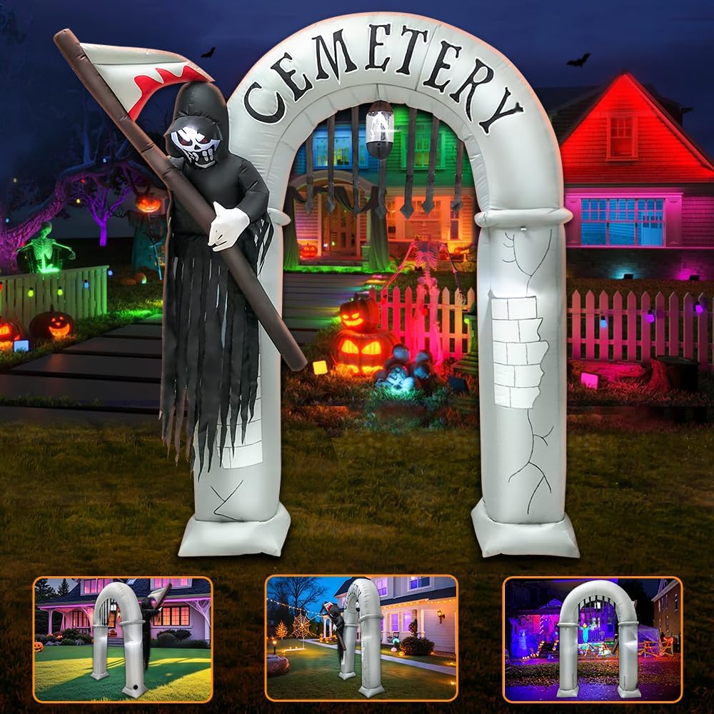 8FT Halloween Inflatables Archway Decoration with Led Light Spooky Scary Halloween Inflatables Grim Reaper Outdoor Decorations Blow up Inflatables for Halloween Holiday Party Lawn Yard Garden Décor