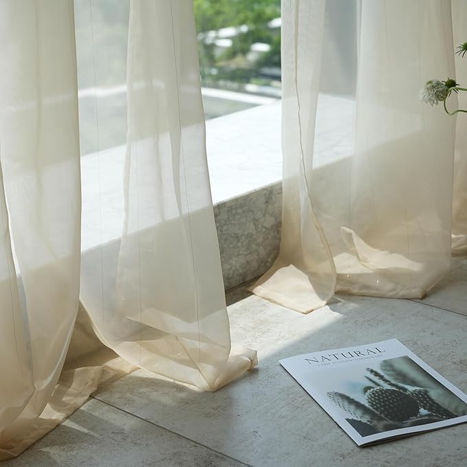 Stripe Beige Sheer Curtains 108 inch Length 2 Panels - Image 5