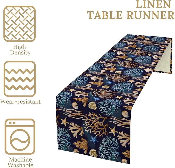 Ocean Coastal Table Runner, Coral Shell Starfish Seaside Nautical Beach Navy - Image 4