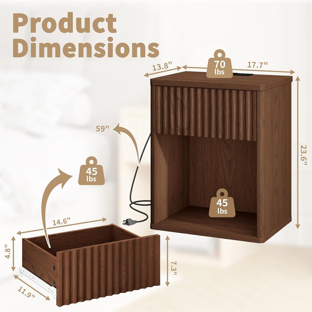 Fluted Nightstands Set of 2 w/Charging Station, Wooden End Table Bed Side Tab...