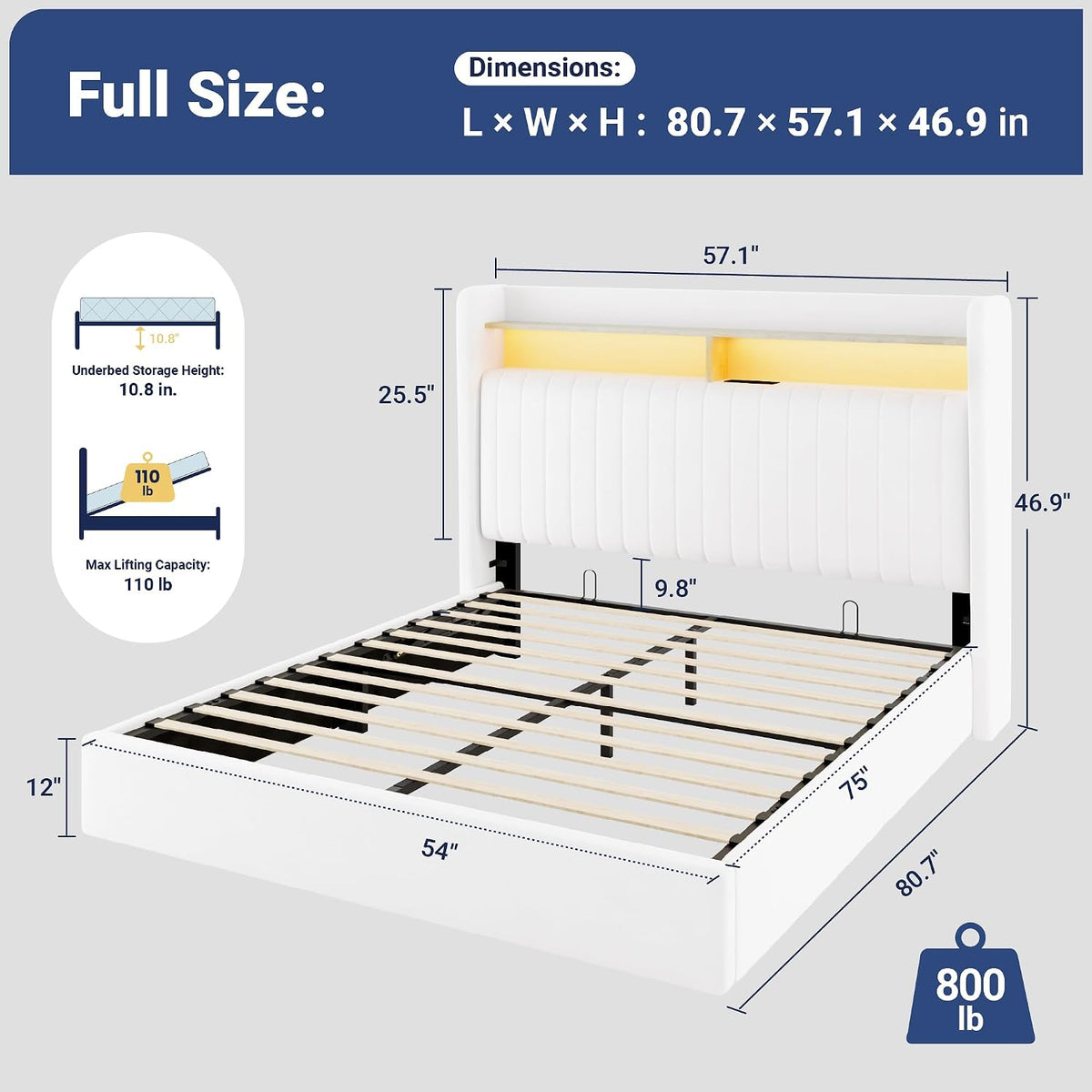 allewie full size lift up storage led bed shown in use