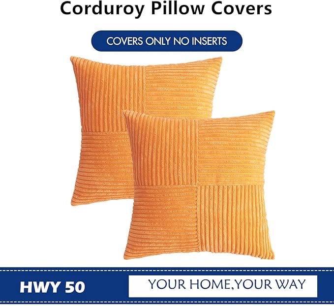 HWY 50 Orange Corduroy Patchwork Throw Pillow Covers 20x20 Inch, Soft Cozy - Image 7