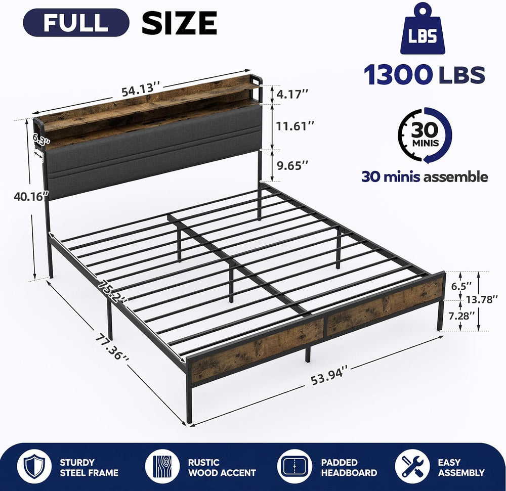 GRUSIGN Full Size Bed Frame with LED Light Storage Headboard and Charging Sta...