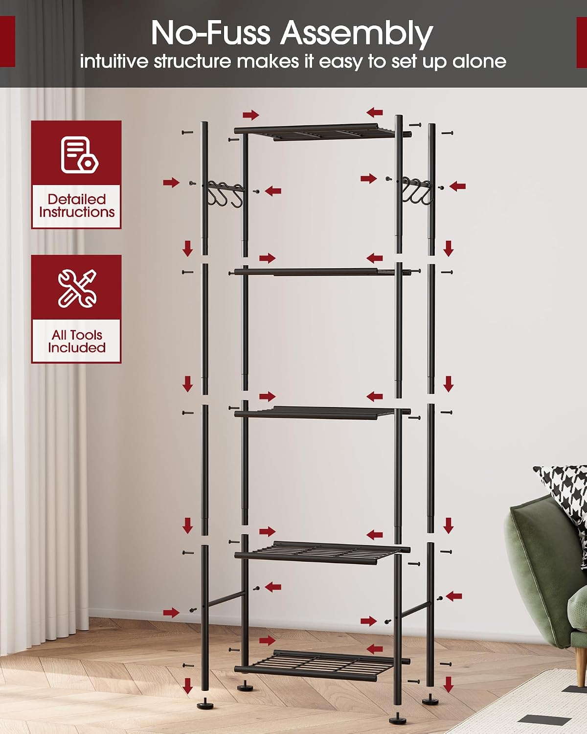 sakugi 5-tier storage rack organizer with hooks, heavy, view 9