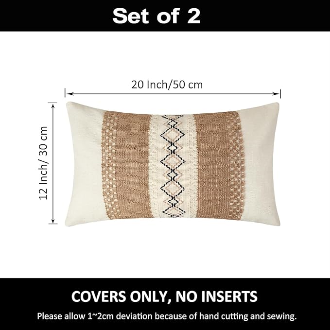 Pyonic Pack of 2 Boho Throw Pillow Covers 12x20 Inch Farmhouse Beige Decorative - Image 2