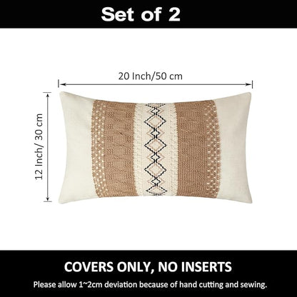 Pyonic Pack of 2 Boho Throw Pillow Covers 12x20 Inch Farmhouse Beige Decorative - Image 2