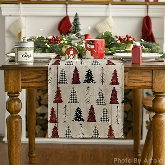Artoid Mode Wood Xmas Tree Christmas Table Runner, Seasonal Winter Holiday - Image 2
