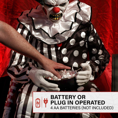 Haunted Hill Farm Hartley The Sitting Scare Clown by Tekky, Motion-Activated Talking Jump-Scare Halloween Animatronic for Halloween Party Prank Decoration, Plug-in or Battery Operated Halloween Props