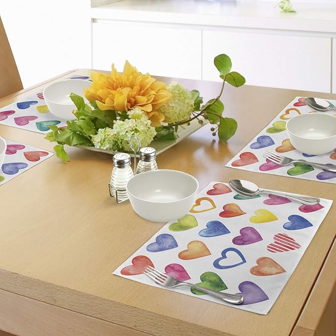 Ambesonne Grunge Place Mats Set of 4, Rainbow Color Heart Shapes Valentine's - Image 4