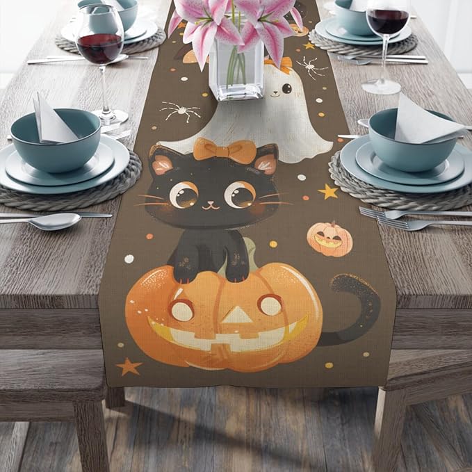 Halloween Table Runner, Pumpkin Linen Table Runner, Kitchen Dining Coffee Table by Hliyty