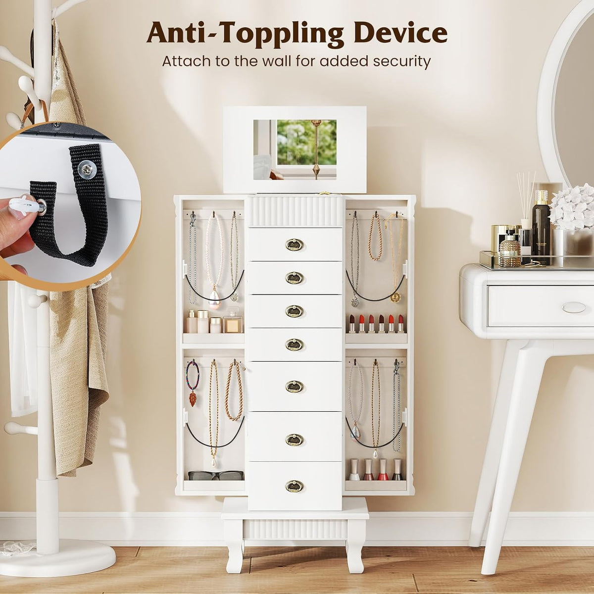 giantex standing jewelry cabinet with 7 drawers, flip-top, front angle view