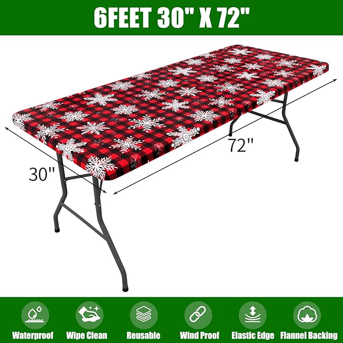 Smiry Plastic Christmas Tablecloth, Buffalo Plaid Waterproof Elastic Fitted - Image 7