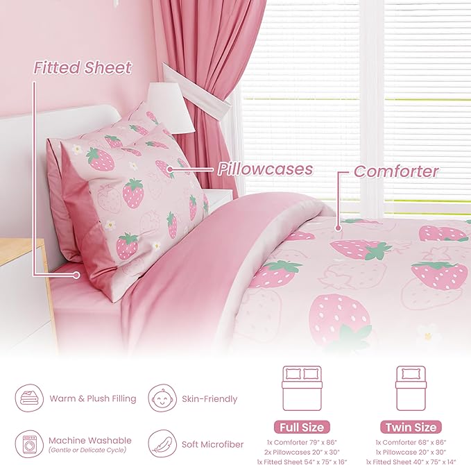 SANDJEST Strawberry Comforter Set Twin Size 68x86in - Image 3