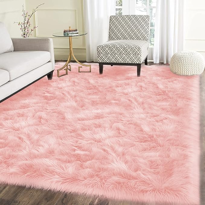 Latepis Pink Rugs for Living Room Shag 6x8 Faux Fur Sheepskin Rug for Sofa by Latepis